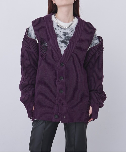 Ellno Loset（エルノロゼット）の「ショルダージップダメージカーディガン（カーディガン/ボレロ・メンズ・パープル/ブラック・LARGE/SMALL/MEDIUM）」の21枚目の写真