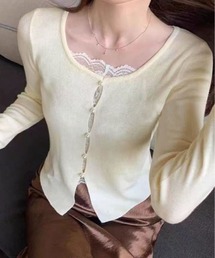 パール ボタン レイヤード風 ドッキング ニットソー