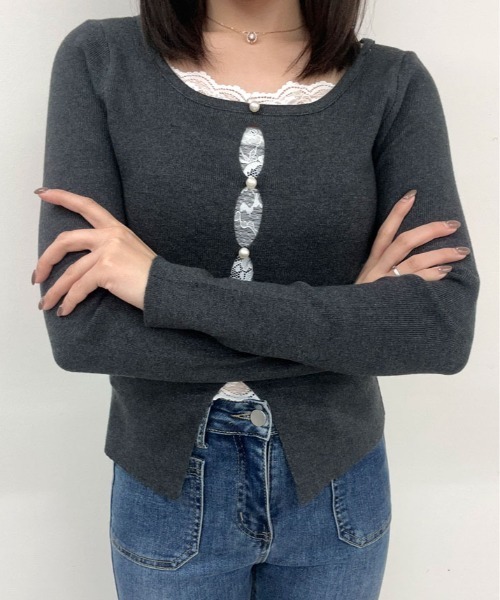 kirakiraShop(キラキラショップ)の「パール ボタン レイヤード風 ドッキング ニットソー(ニット/セーター・レディース・ホワイト/レッド/チャコール/ブラック・FREE)」の14枚目の写真