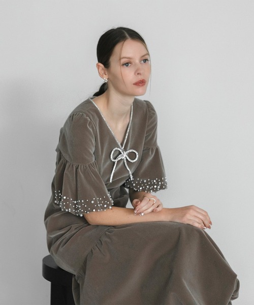 セール】【LEJA】パールストーンリボンベロアギャザードレス 2点セット