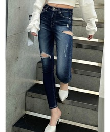 GYDA | ミドルウエストサイドリップドスキニーデニムパンツ(デニムパンツ)