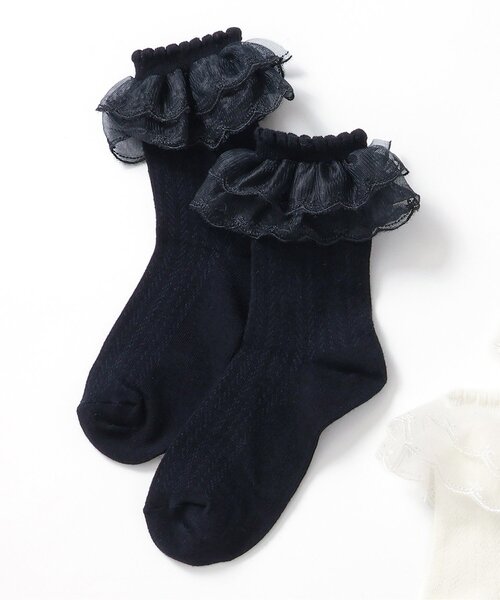 apres les cours(アプレレクール)の「オーガンジーレースソックス(ソックス/靴下・キッズ・ネイビー/オフホワイト・12/15 /18/21)」の2枚目の写真