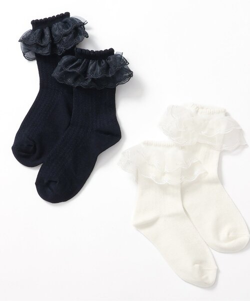 apres les cours(アプレレクール)の「オーガンジーレースソックス(ソックス/靴下・キッズ・ネイビー/オフホワイト・12/15 /18/21)」の5枚目の写真