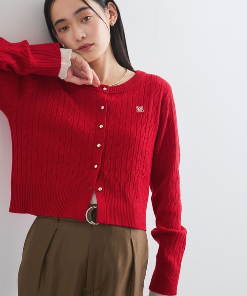 VIS(ビス)の「ワンポイント胸刺繍ケーブルカーディガン(カーディガン/ボレロ・レディース・グレー/レッド/キナリ/サックスブルー・FREE)」の4枚目の写真