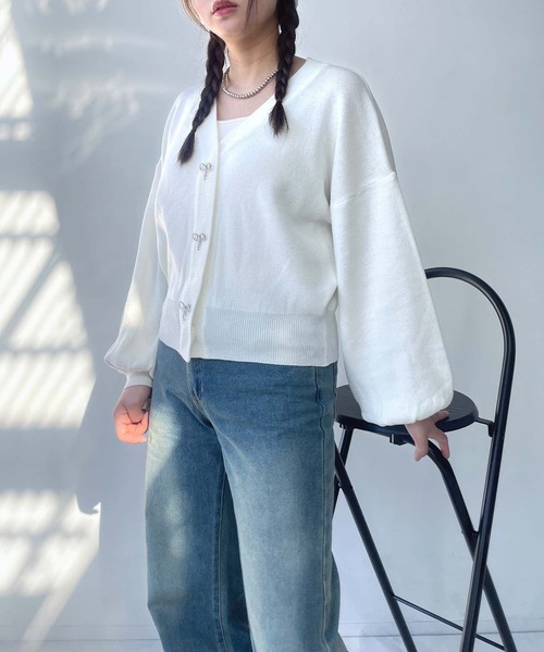 セール】○きらりリボンボタン ラメVネックカーディガン