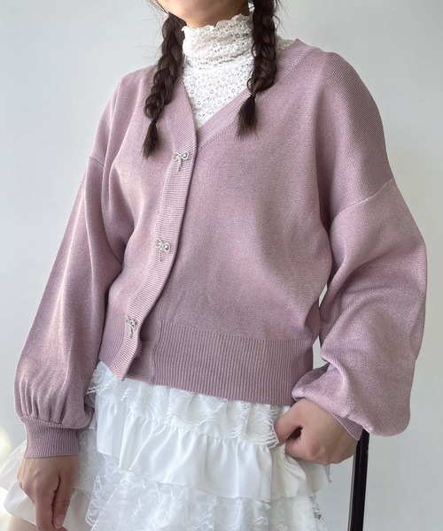セール】○きらりリボンボタン ラメVネックカーディガン