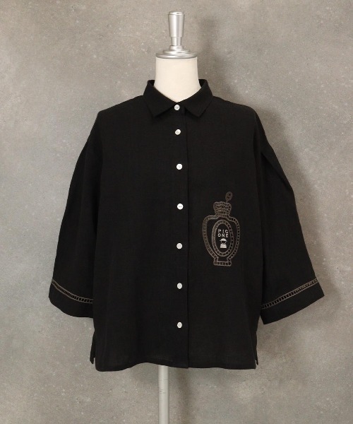 STUDIO PICONE(スタジオピッコーネ)の「麻100%エンブロイダリーブラウス(シャツ/ブラウス・レディース・ブラック/グリーン/ホワイト/パープル・M/L/LL)」の11枚目の写真