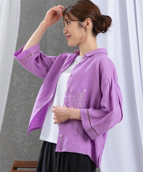 STUDIO PICONE(スタジオピッコーネ)の「麻100%エンブロイダリーブラウス(シャツ/ブラウス・レディース・ブラック/グリーン/ホワイト/パープル・M/L/LL)」の22枚目の写真