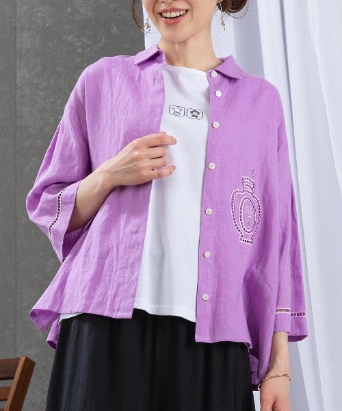 STUDIO PICONE(スタジオピッコーネ)の「麻100%エンブロイダリーブラウス(シャツ/ブラウス・レディース・ブラック/グリーン/ホワイト/パープル・M/L/LL)」の18枚目の写真
