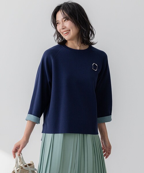 23区 L(ニジュウサンクオオキイサイズ)の「【洗える】バイカラー リターンスリーブ ニット(ニット/セーター・レディース・ベージュ系/レッド系/ネイビー系・44/46)」の3枚目の写真