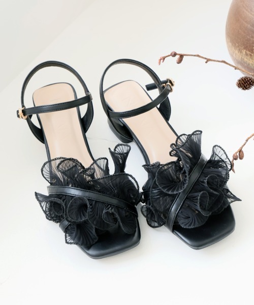 美品 銀座かねまつ アンクルストラップフリルサンダル靴リゾート海外旅行パーティー SHOES CONCIERGE