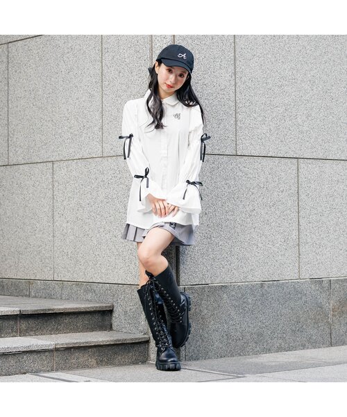 algy（アルジー）の「りぼんシャツミニワンピ（シャツワンピース・キッズ・オフホワイト/ブラック/サックスブルー・XX-SMALL/X-SMALL/MEDIUM/SMALL）」の8枚目の写真