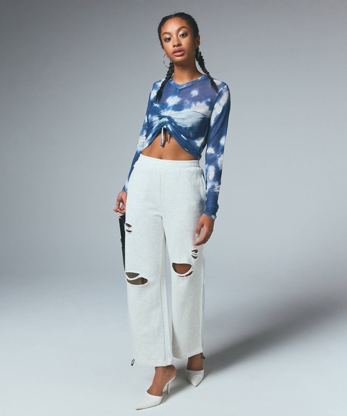 X-girl（エックスガール）の「DISTRESSED SWEAT PANTS（スウェットパンツ・レディース・ブラック/アッシュ・S/M）」の3枚目の写真