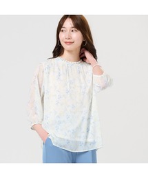 ボタニカル柄カットソー 花柄シフォン ドローストリング 透け感 7分袖 バルーンブラウス 細く見える 七部袖 配色(ホワイト,  XL) Amazon.co.jp: ボタニカル柄カットソー 花柄シフォン ドロー