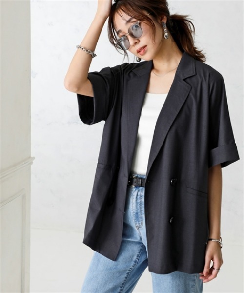 nissen（ニッセン）の「しわになりにくいオーバーサイズ５分袖シャツジャケット（ストレッチ・接触冷感・UVカット）＜大きいサイズ有＞（テーラードジャケット・レディース・チャコール/ベージュ・S～Ｍ/L～LL）」の3枚目の写真