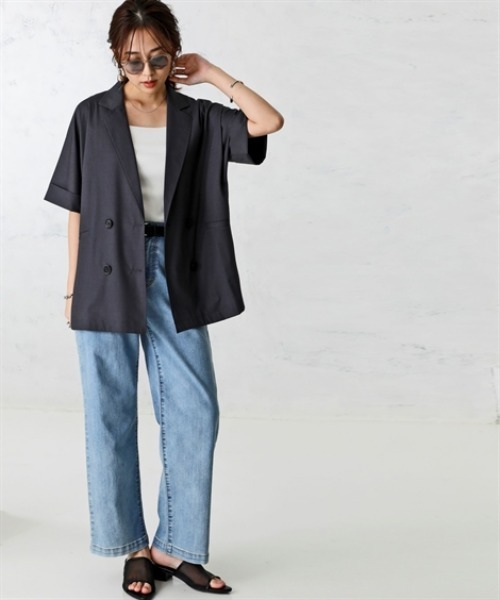 nissen（ニッセン）の「しわになりにくいオーバーサイズ５分袖シャツジャケット（ストレッチ・接触冷感・UVカット）＜大きいサイズ有＞（テーラードジャケット・レディース・チャコール/ベージュ・S～Ｍ/L～LL）」の4枚目の写真