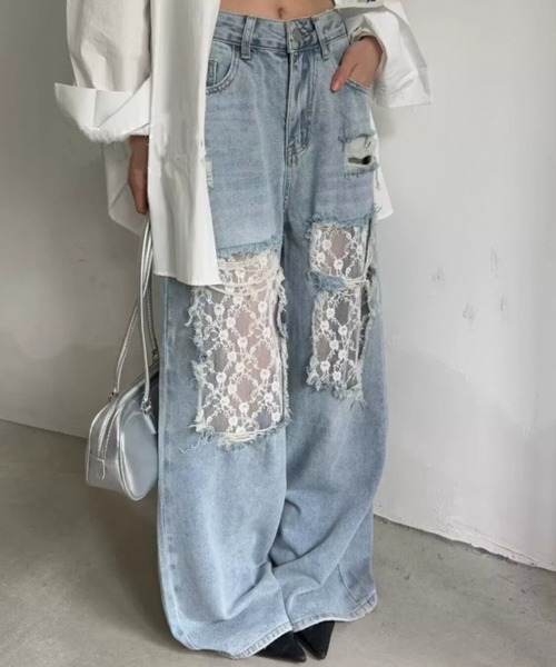 AsRiRe(アスリレイ)の「新色追加/レースダメージデニムパンツ(デニムパンツ・レディース・サックスブルー/ホワイト/ブラック・M/S/L)」の6枚目の写真