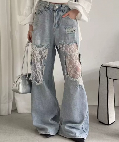 AsRiRe(アスリレイ)の「新色追加/レースダメージデニムパンツ(デニムパンツ・レディース・サックスブルー/ホワイト/ブラック・M/S/L)」の7枚目の写真