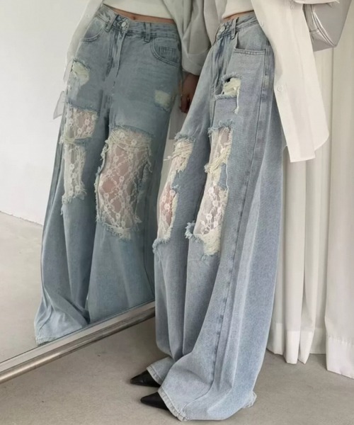 AsRiRe(アスリレイ)の「新色追加/レースダメージデニムパンツ(デニムパンツ・レディース・サックスブルー/ホワイト/ブラック・M/S/L)」の8枚目の写真