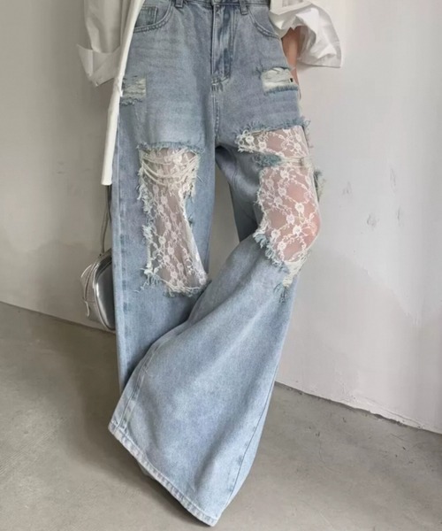 新品タグ付き★レレレ rerere Mal. デニム　パンツ　ジーンズベルト付 セール】新色追加/レースダメージデニムパンツ（デニムパンツ