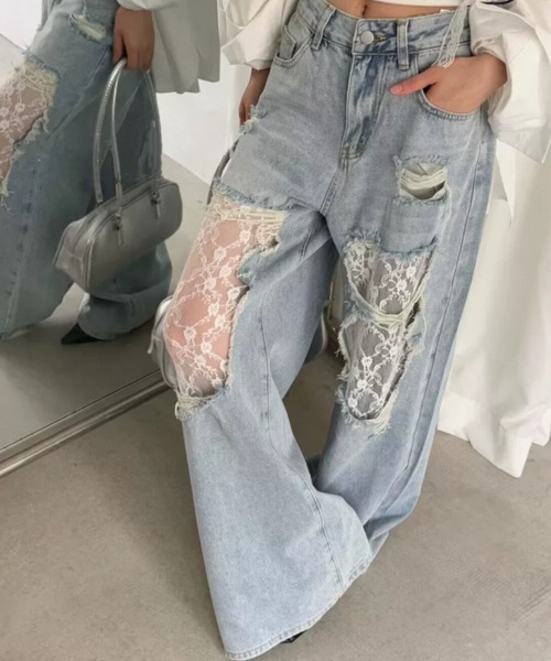 AsRiRe(アスリレイ)の「新色追加/レースダメージデニムパンツ(デニムパンツ・レディース・サックスブルー/ホワイト/ブラック・M/S/L)」の10枚目の写真