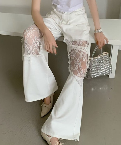 AsRiRe(アスリレイ)の「新色追加/レースダメージデニムパンツ(デニムパンツ・レディース・サックスブルー/ホワイト/ブラック・M/S/L)」の16枚目の写真