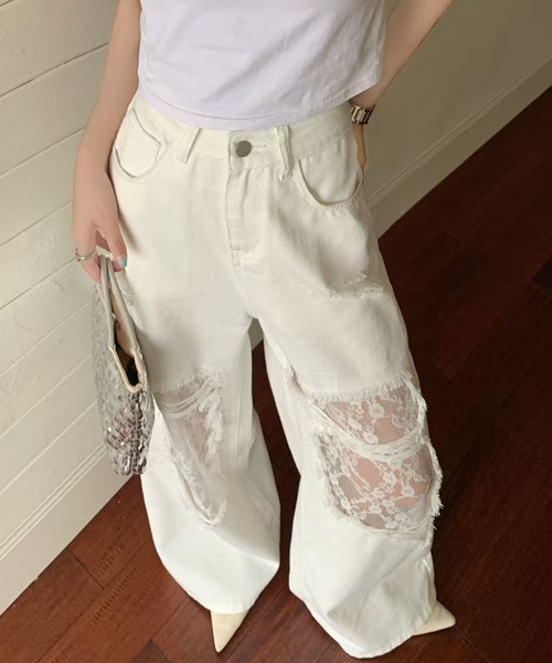 AsRiRe(アスリレイ)の「新色追加/レースダメージデニムパンツ(デニムパンツ・レディース・サックスブルー/ホワイト/ブラック・M/S/L)」の13枚目の写真