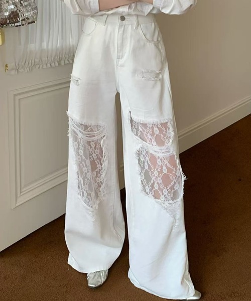 AsRiRe(アスリレイ)の「新色追加/レースダメージデニムパンツ(デニムパンツ・レディース・サックスブルー/ホワイト/ブラック・M/S/L)」の18枚目の写真