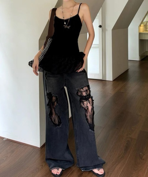 AsRiRe(アスリレイ)の「新色追加/レースダメージデニムパンツ(デニムパンツ・レディース・サックスブルー/ホワイト/ブラック・M/S/L)」の22枚目の写真