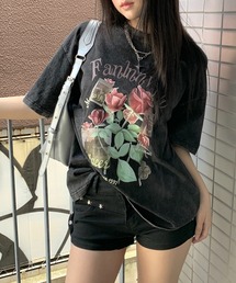 花柄プリント ウォッシュデザイン カジュアルTシャツ