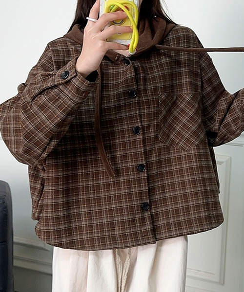 aimoha(アイモハ)の「チェック柄フーディシャツ(パーカー・レディース・ブラック/チョコ・FREE)」の13枚目の写真