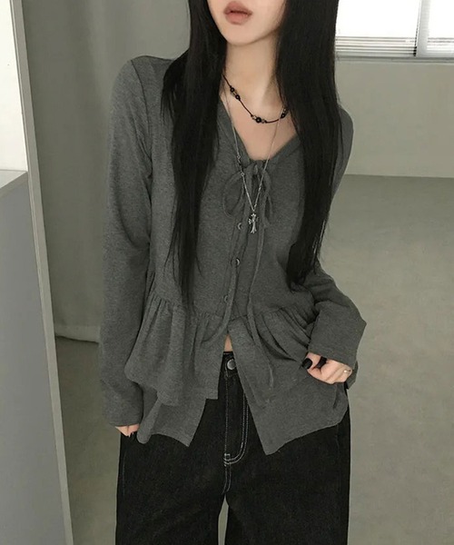 VIBGYOR(ヴィブジョー)の「フリルティアード ロングカットカーディガン 長袖 カットソー長袖(CZ)(カーディガン/ボレロ・レディース・ホワイト/ブラック/チャコール・FREE)」の1枚目の写真