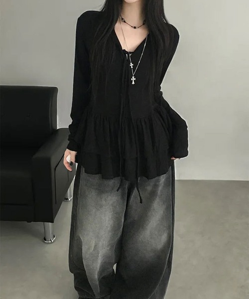 VIBGYOR(ヴィブジョー)の「フリルティアード ロングカットカーディガン 長袖 カットソー長袖(CZ)(カーディガン/ボレロ・レディース・ホワイト/ブラック/チャコール・FREE)」の3枚目の写真