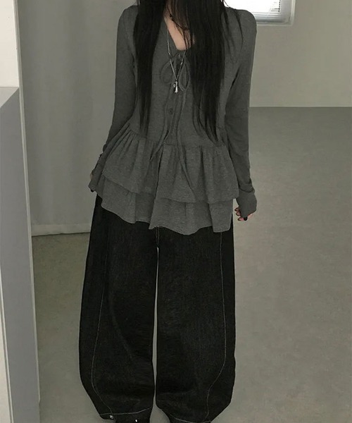 VIBGYOR(ヴィブジョー)の「フリルティアード ロングカットカーディガン 長袖 カットソー長袖(CZ)(カーディガン/ボレロ・レディース・ホワイト/ブラック/チャコール・FREE)」の17枚目の写真