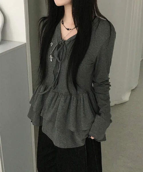 VIBGYOR(ヴィブジョー)の「フリルティアード ロングカットカーディガン 長袖 カットソー長袖(CZ)(カーディガン/ボレロ・レディース・ホワイト/ブラック/チャコール・FREE)」の18枚目の写真