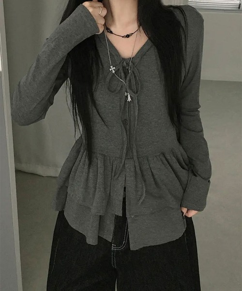 VIBGYOR(ヴィブジョー)の「フリルティアード ロングカットカーディガン 長袖 カットソー長袖(CZ)(カーディガン/ボレロ・レディース・ホワイト/ブラック/チャコール・FREE)」の19枚目の写真