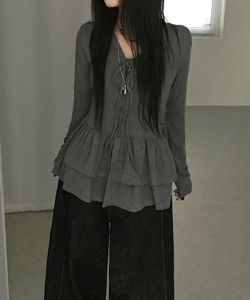 VIBGYOR(ヴィブジョー)の「フリルティアード ロングカットカーディガン 長袖 カットソー長袖(CZ)(カーディガン/ボレロ・レディース・ホワイト/ブラック/チャコール・FREE)」の20枚目の写真