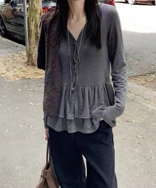 VIBGYOR(ヴィブジョー)の「フリルティアード ロングカットカーディガン 長袖 カットソー長袖(CZ)(カーディガン/ボレロ・レディース・ホワイト/ブラック/チャコール・FREE)」の21枚目の写真