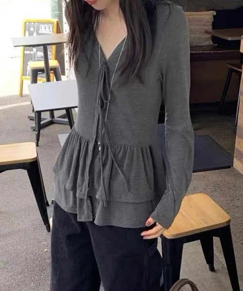 VIBGYOR(ヴィブジョー)の「フリルティアード ロングカットカーディガン 長袖 カットソー長袖(CZ)(カーディガン/ボレロ・レディース・ホワイト/ブラック/チャコール・FREE)」の22枚目の写真