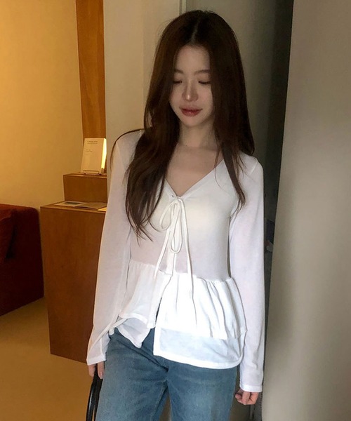 VIBGYOR(ヴィブジョー)の「フリルティアード ロングカットカーディガン 長袖 カットソー長袖(CZ)(カーディガン/ボレロ・レディース・ホワイト/ブラック/チャコール・FREE)」の5枚目の写真