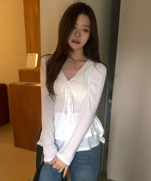 VIBGYOR(ヴィブジョー)の「フリルティアード ロングカットカーディガン 長袖 カットソー長袖(CZ)(カーディガン/ボレロ・レディース・ホワイト/ブラック/チャコール・FREE)」の6枚目の写真