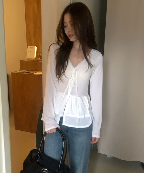 VIBGYOR(ヴィブジョー)の「フリルティアード ロングカットカーディガン 長袖 カットソー長袖(CZ)(カーディガン/ボレロ・レディース・ホワイト/ブラック/チャコール・FREE)」の7枚目の写真