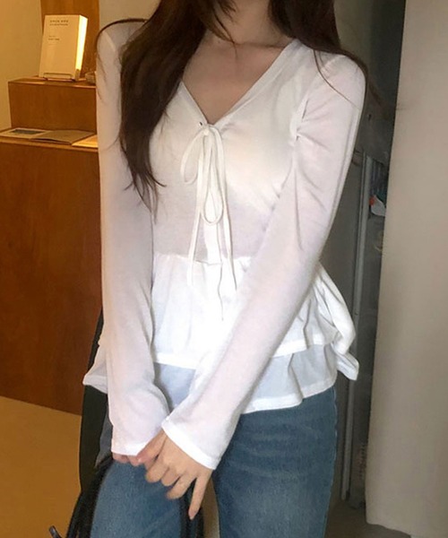 VIBGYOR(ヴィブジョー)の「フリルティアード ロングカットカーディガン 長袖 カットソー長袖(CZ)(カーディガン/ボレロ・レディース・ホワイト/ブラック/チャコール・FREE)」の8枚目の写真