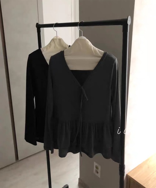 VIBGYOR(ヴィブジョー)の「フリルティアード ロングカットカーディガン 長袖 カットソー長袖(CZ)(カーディガン/ボレロ・レディース・ホワイト/ブラック/チャコール・FREE)」の9枚目の写真