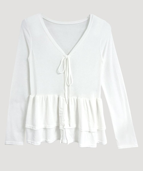 VIBGYOR(ヴィブジョー)の「フリルティアード ロングカットカーディガン 長袖 カットソー長袖(CZ)(カーディガン/ボレロ・レディース・ホワイト/ブラック/チャコール・FREE)」の10枚目の写真