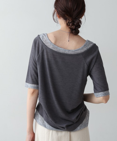 Bab（バブ）の「前後2WAYレイヤードオフショル風カットトップス（Tシャツ/カットソー・レディース・ライトグレー/アイボリー/チャコールグレー・FREE）」の3枚目の写真