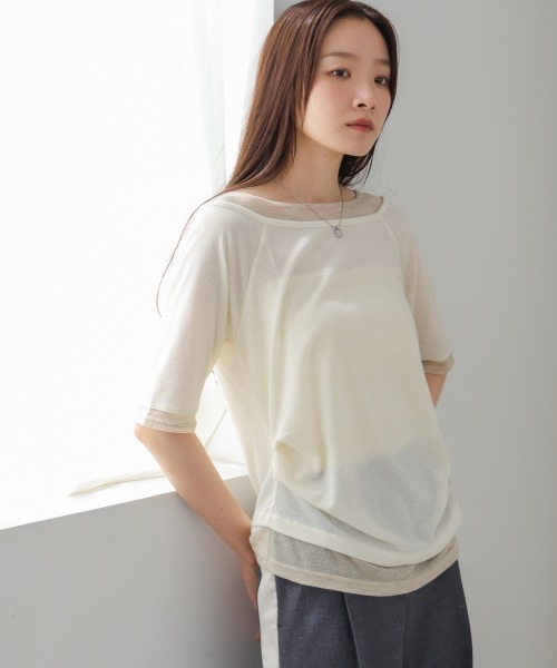Bab（バブ）の「前後2WAYレイヤードオフショル風カットトップス（Tシャツ/カットソー・レディース・ライトグレー/アイボリー/チャコールグレー・FREE）」の2枚目の写真