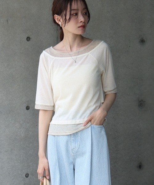 Bab（バブ）の「前後2WAYレイヤードオフショル風カットトップス（Tシャツ/カットソー・レディース・ライトグレー/アイボリー/チャコールグレー・FREE）」の4枚目の写真