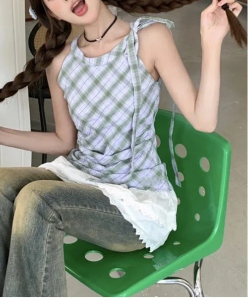 AsheKsha(アシクシャ)の「【新作】ノースリーブ フレンチチェックトップス(Tシャツ/カットソー・レディース・ブルーグレー/ライトブルー・F)」の7枚目の写真