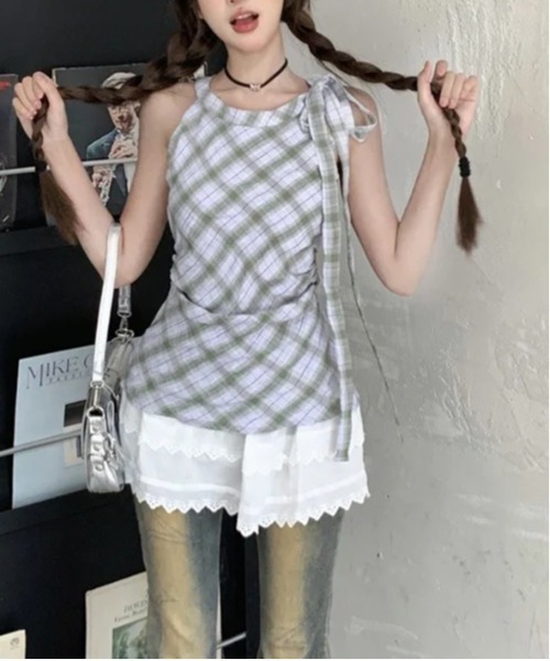 AsheKsha(アシクシャ)の「【新作】ノースリーブ フレンチチェックトップス(Tシャツ/カットソー・レディース・ブルーグレー/ライトブルー・F)」の8枚目の写真